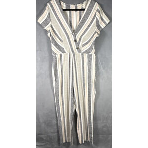 Urban‎ Outfitters Linen Karen Striped Surplice Button-Through Jumpsuit Women's L
